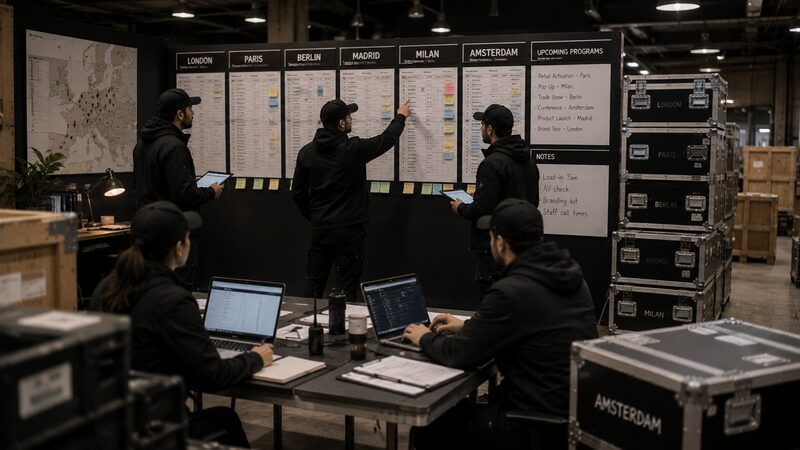Operations team coordinating a multi-market activation program from a staging area