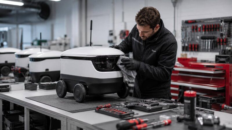 Brick Dynamics technician servicing an autonomous delivery robot in a workshop