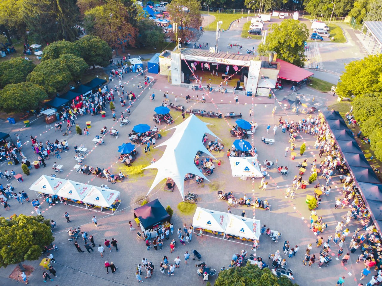 Aerial view of a large outdoor event activation
