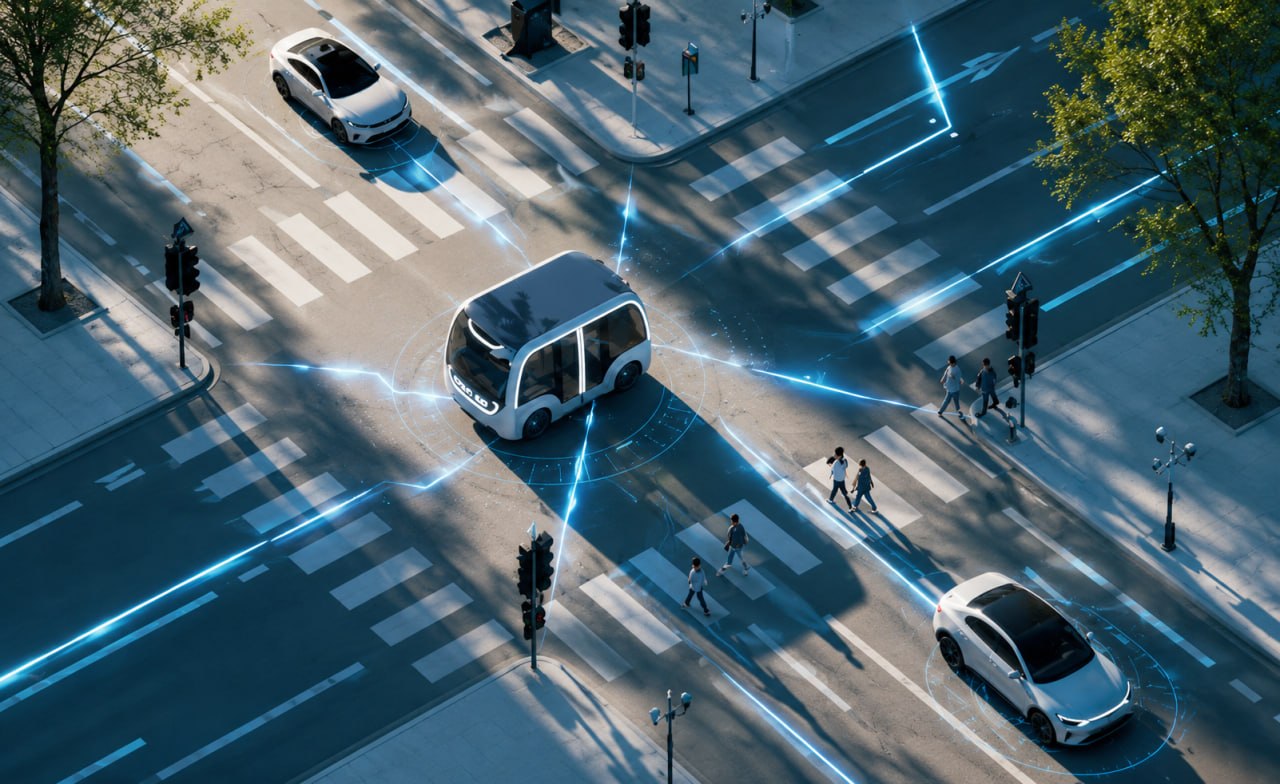 Autonomous shuttle navigating a city intersection