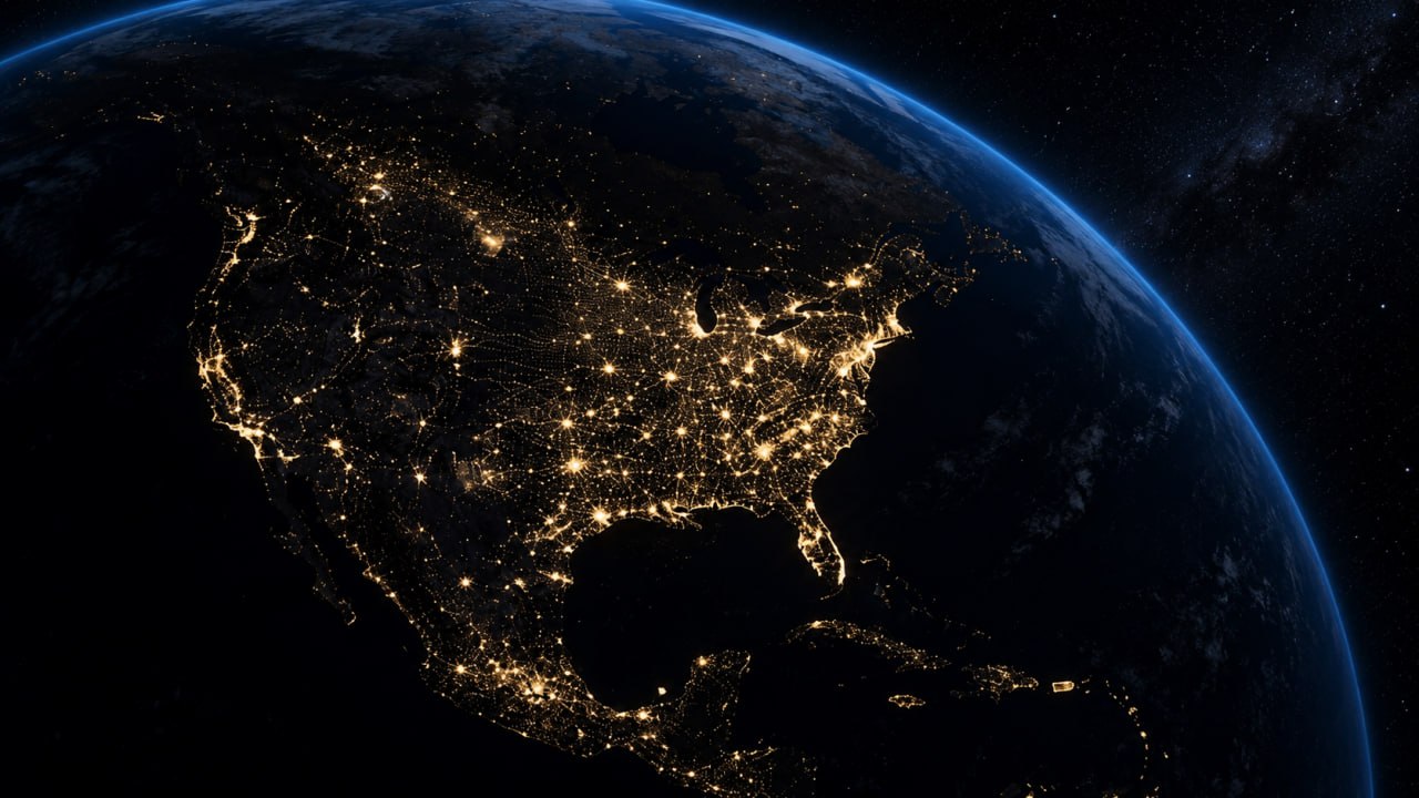 Aerial view of a North American city network lit up at night
