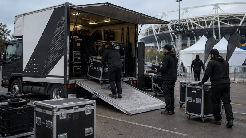 Branded experiential tour truck being loaded with equipment crates at a venue