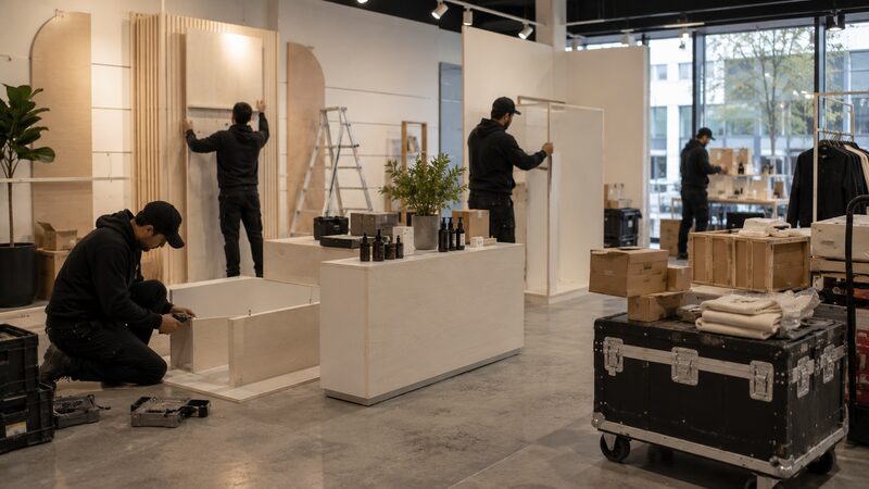 Crew building out a retail pop-up display in a modern retail space