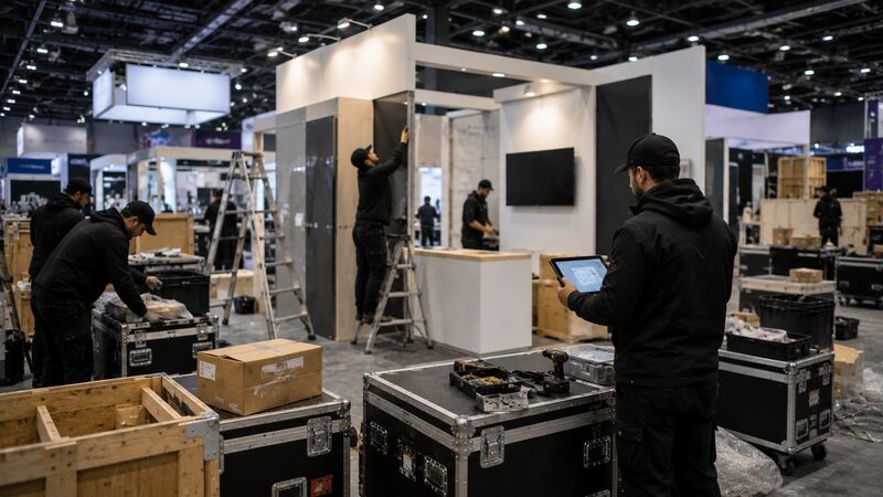 Trade show booth being set up on a convention center floor