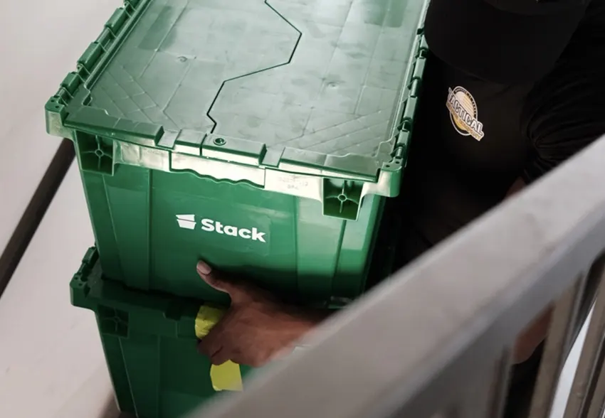 Stack moving bin in use