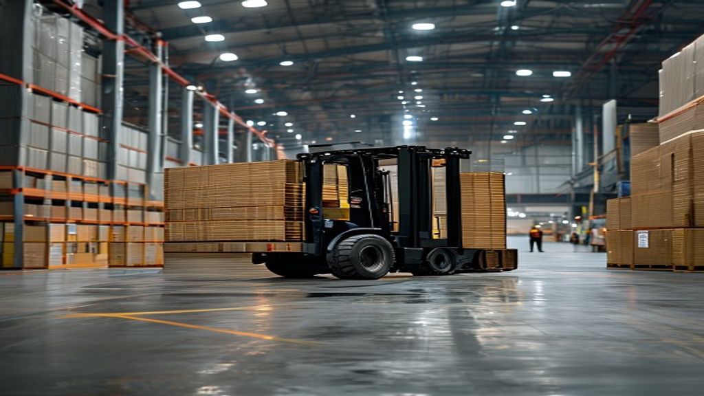 Forklift moving trade show crates at a convention center marshalling yard