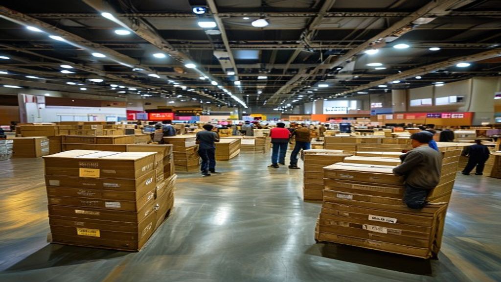 Trade show crates on the convention center exhibit hall floor ready for booth setup