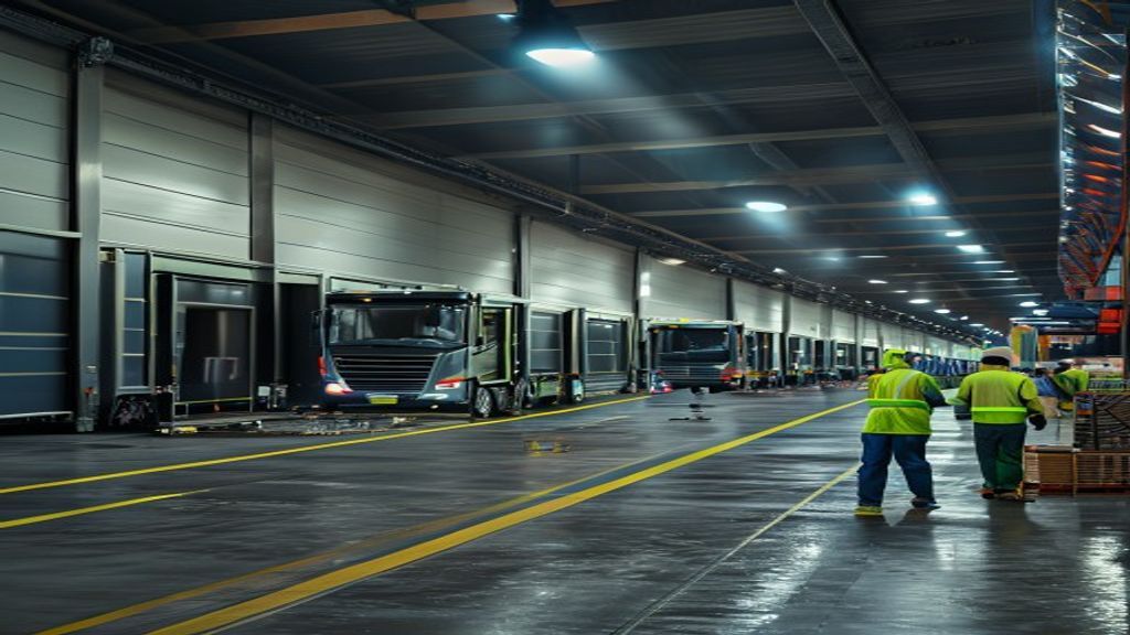 Convention center loading dock with trucks queued during trade show move-in