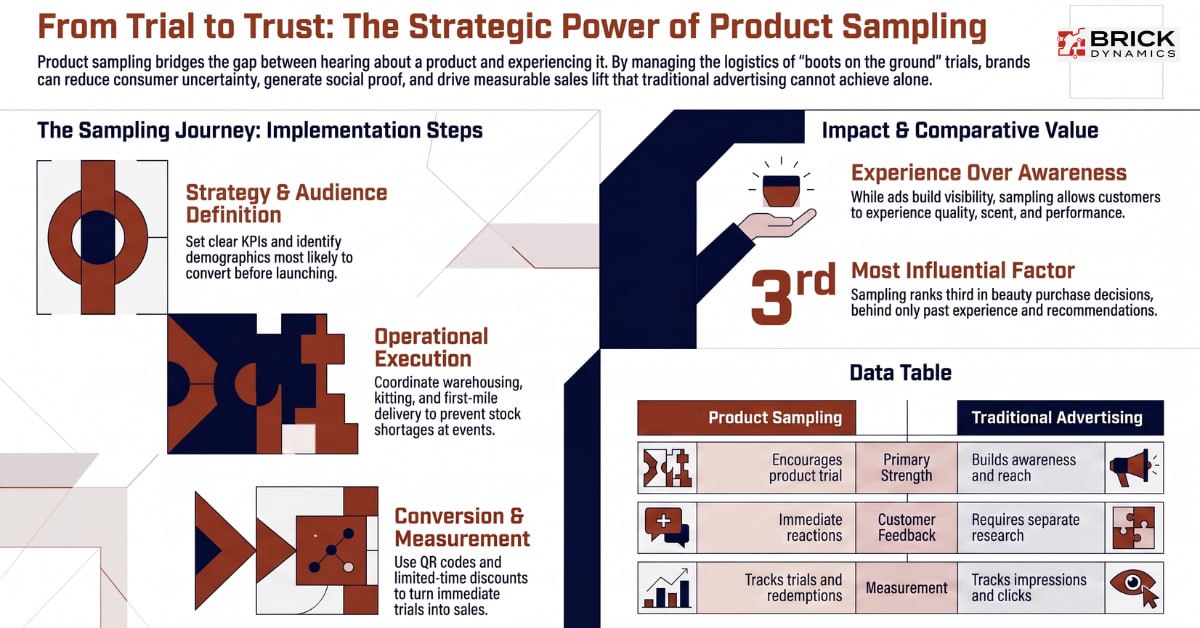 Product sampling strategy infographic showing campaign planning, logistics, execution, and measurement