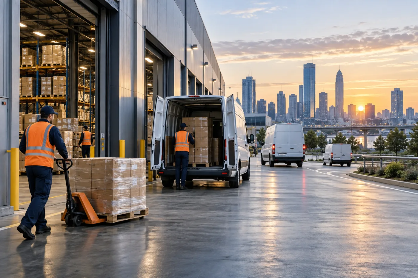 Warehouse loading dock connecting inventory to local delivery vehicles