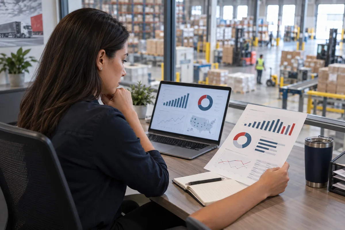 Logistics analyst reviews a 3PL performance scorecard overlooking warehouse operations