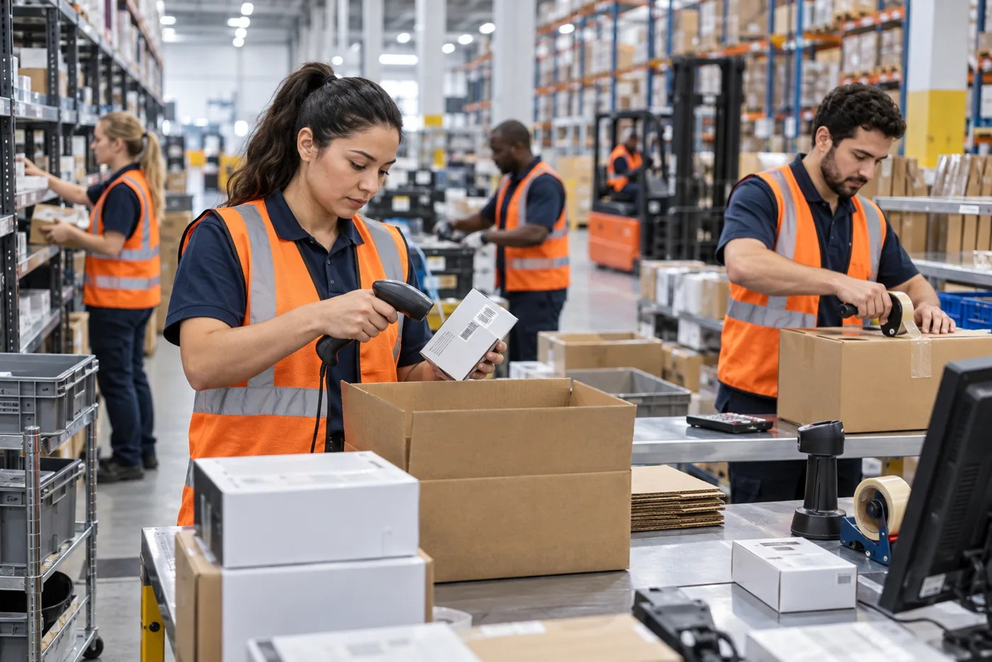 Fulfillment team scanning and packing customer orders in a 3PL warehouse