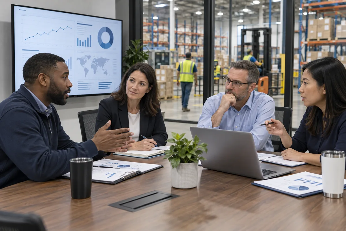 Operations teams conduct a quarterly 3PL performance review beside a warehouse