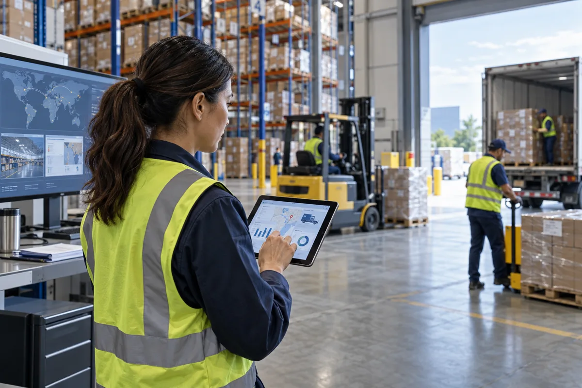 Warehouse coordinator monitors real-time inventory and shipment activity on a tablet