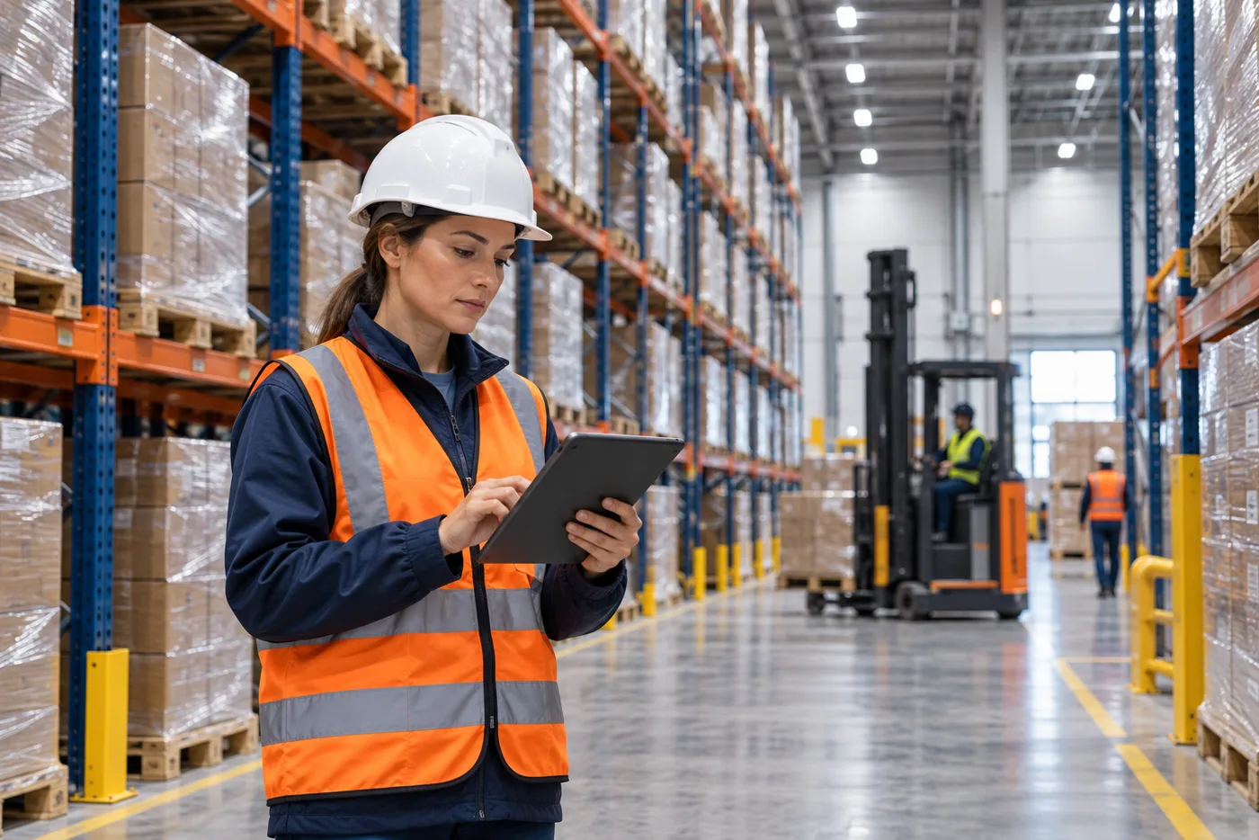 Operations manager reviewing pallet storage capacity and warehouse costs