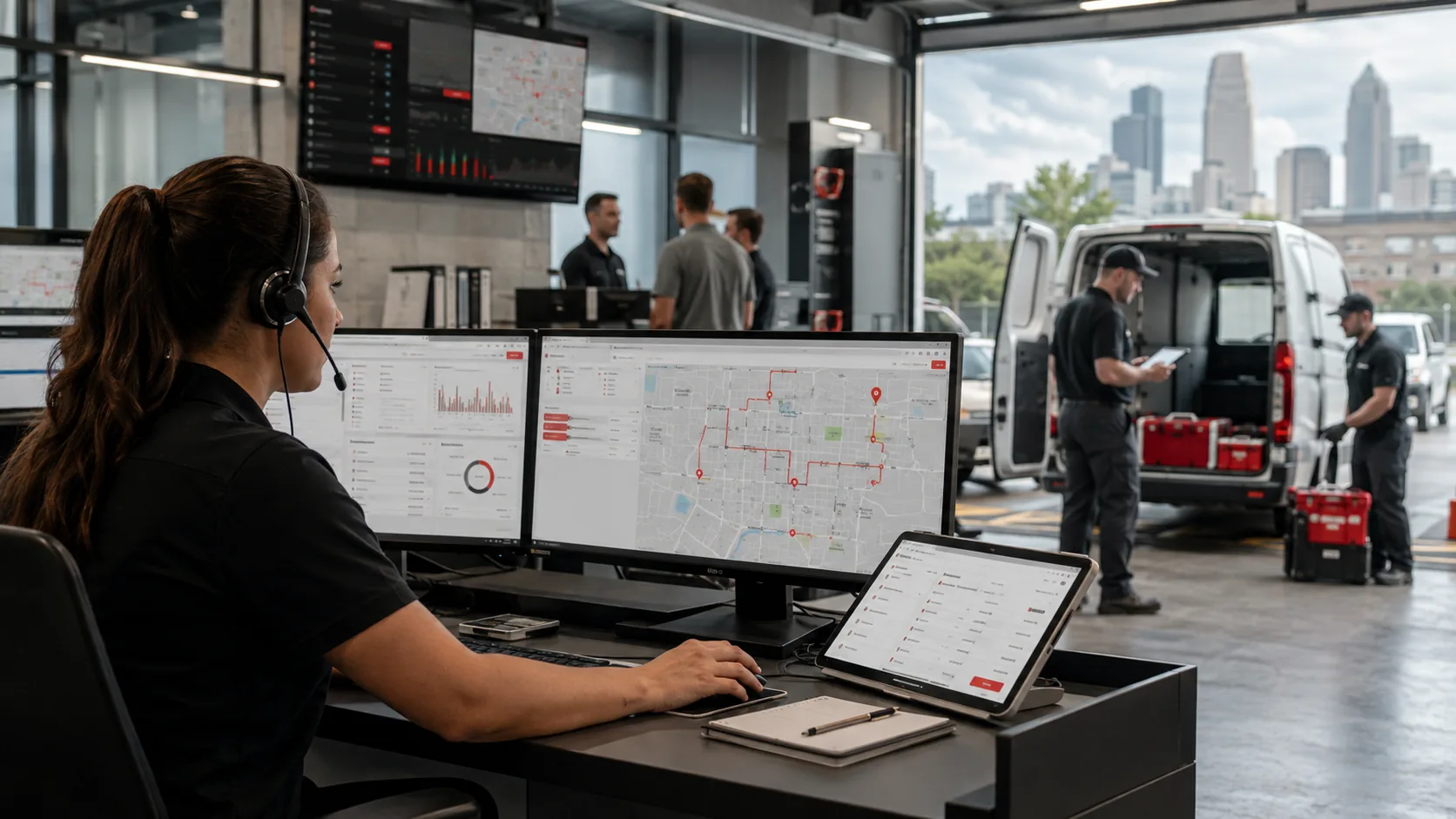 Dispatcher coordinating mobile field technicians, routes, and service vehicles