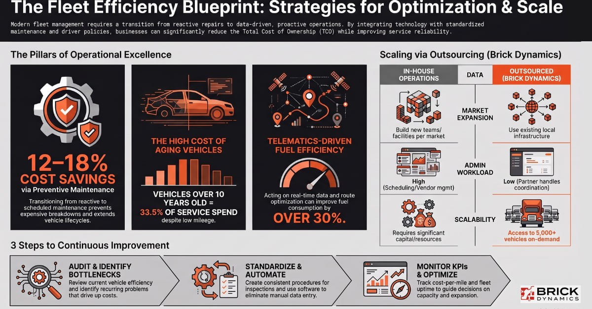 Fleet efficiency blueprint with preventive maintenance, telematics, outsourcing, and continuous improvement strategies