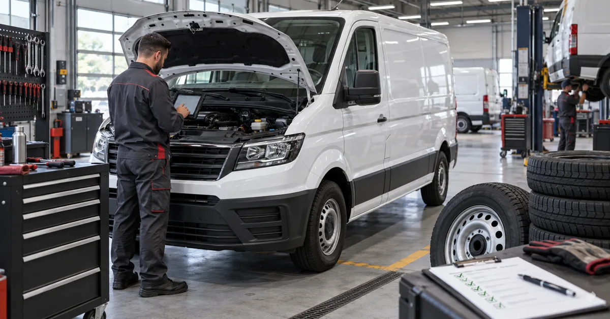 Technician performing preventive maintenance on a commercial fleet vehicle
