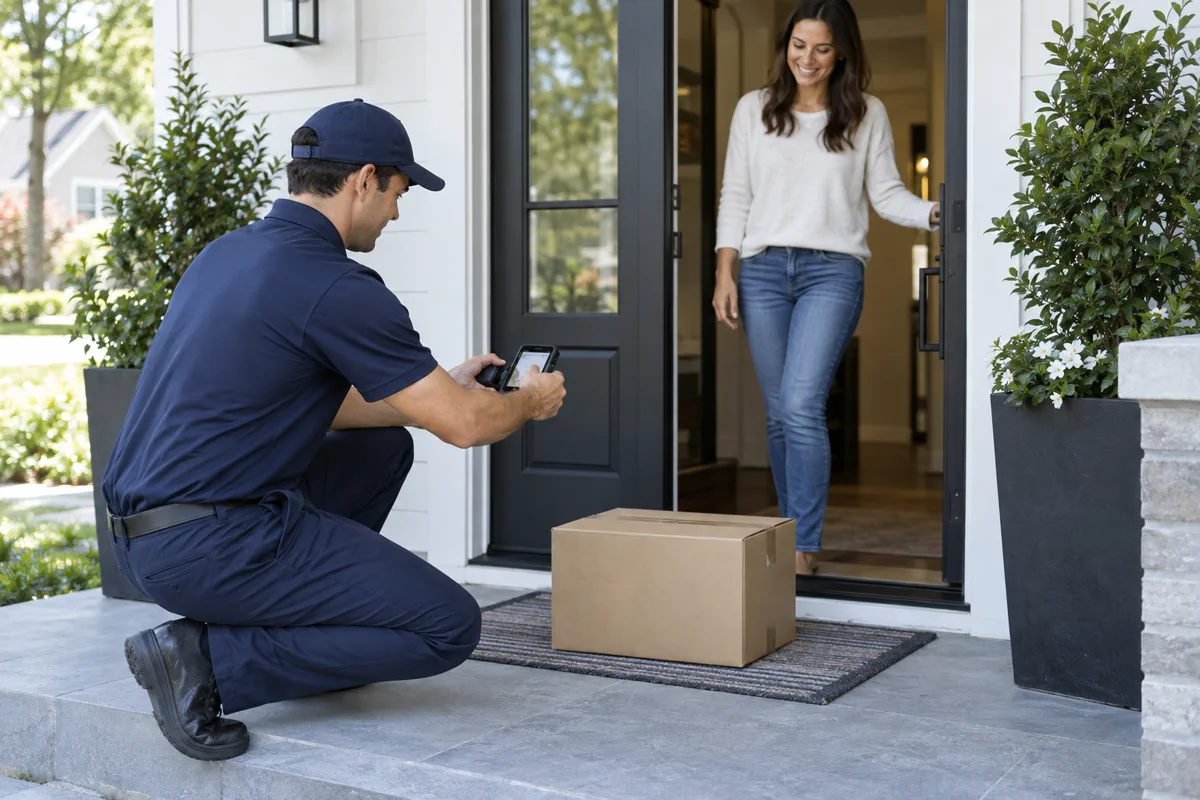Courier records proof of delivery as a customer receives a package at her door