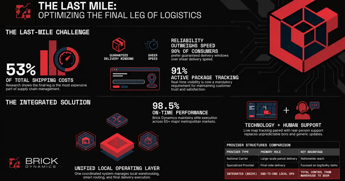 Infographic comparing last-mile shipping costs, tracking, on-time performance, and provider structures