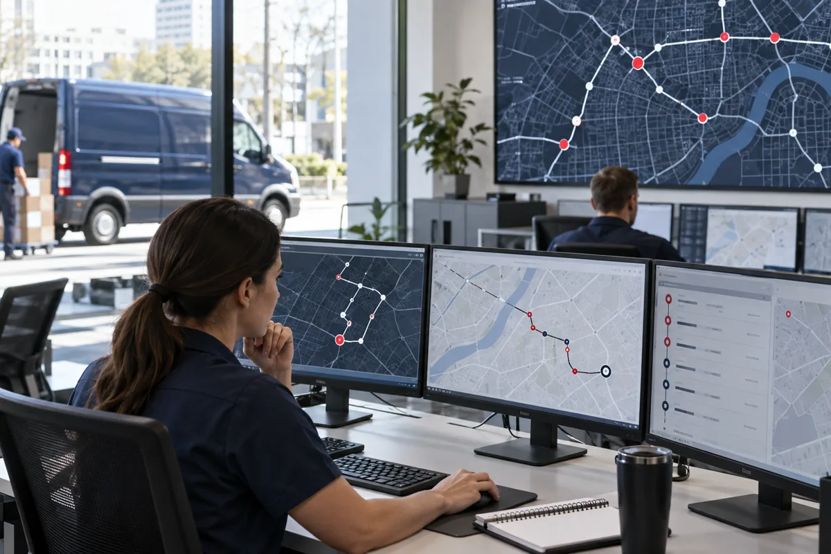 Dispatcher reviews real-time delivery routes across multiple logistics screens