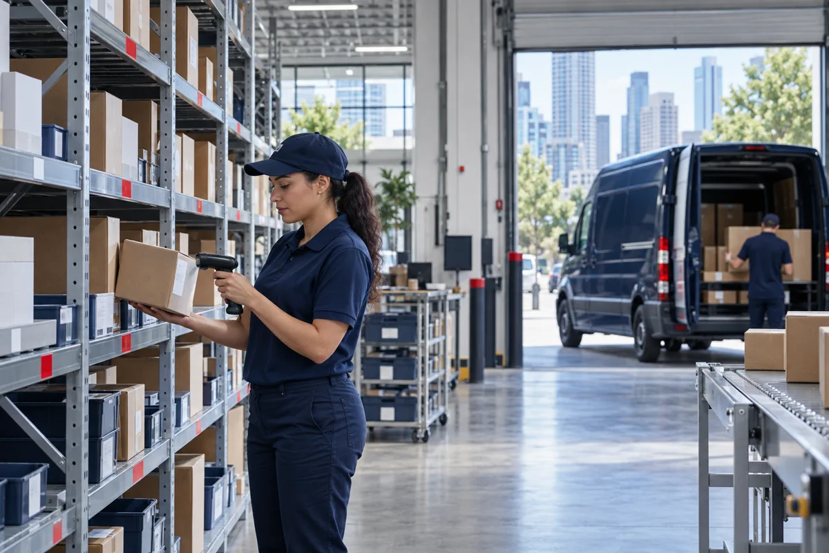 Warehouse associate scans a parcel beside organized shelving and a waiting delivery van
