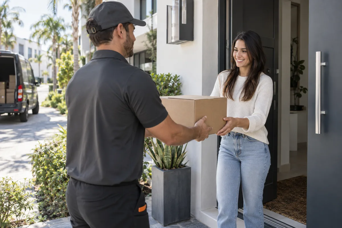Courier completes a last-mile delivery at a residential doorstep