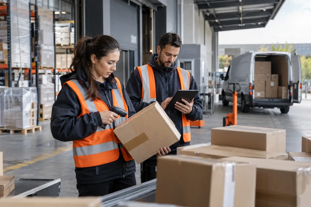 Logistics team scans parcels and coordinates last-mile routes at a distribution hub