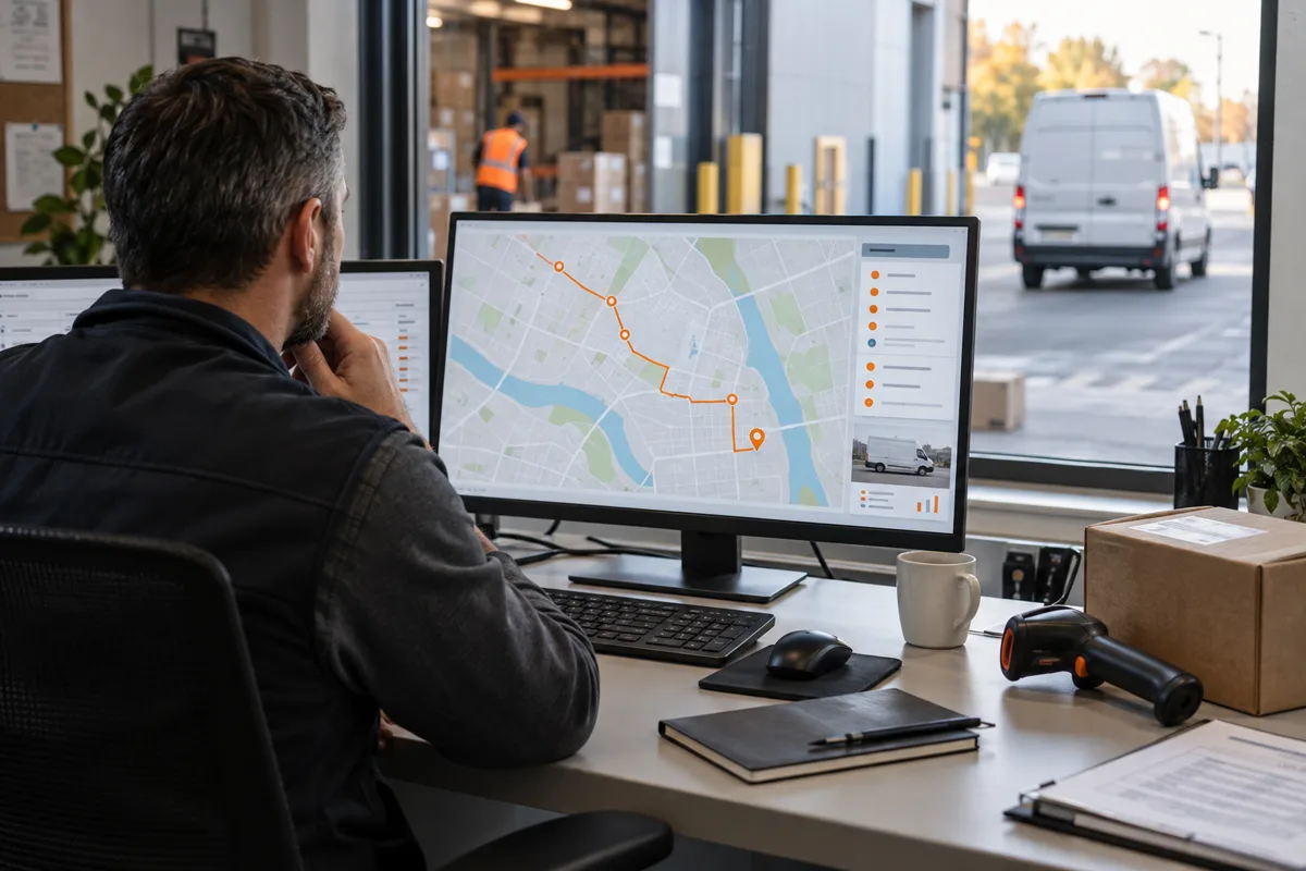 Dispatcher monitors a last-mile delivery route as a van leaves the distribution hub