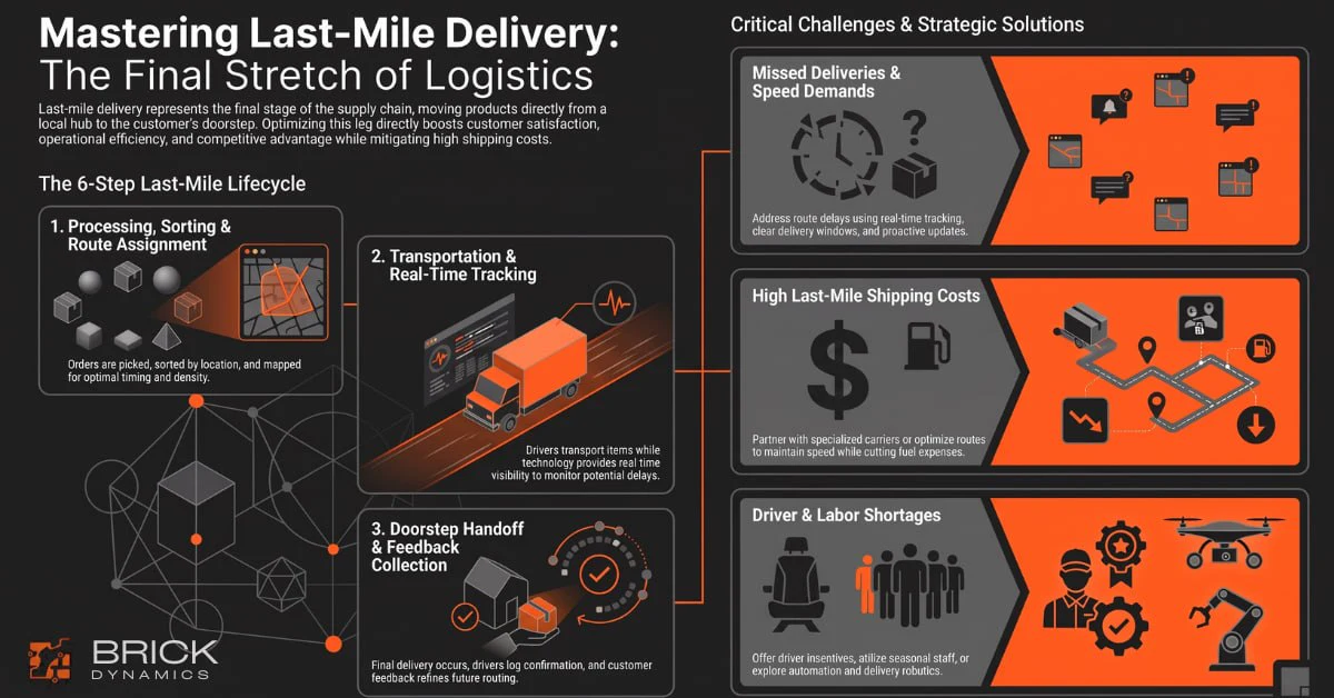 Infographic showing the last-mile delivery lifecycle, common challenges, and practical solutions