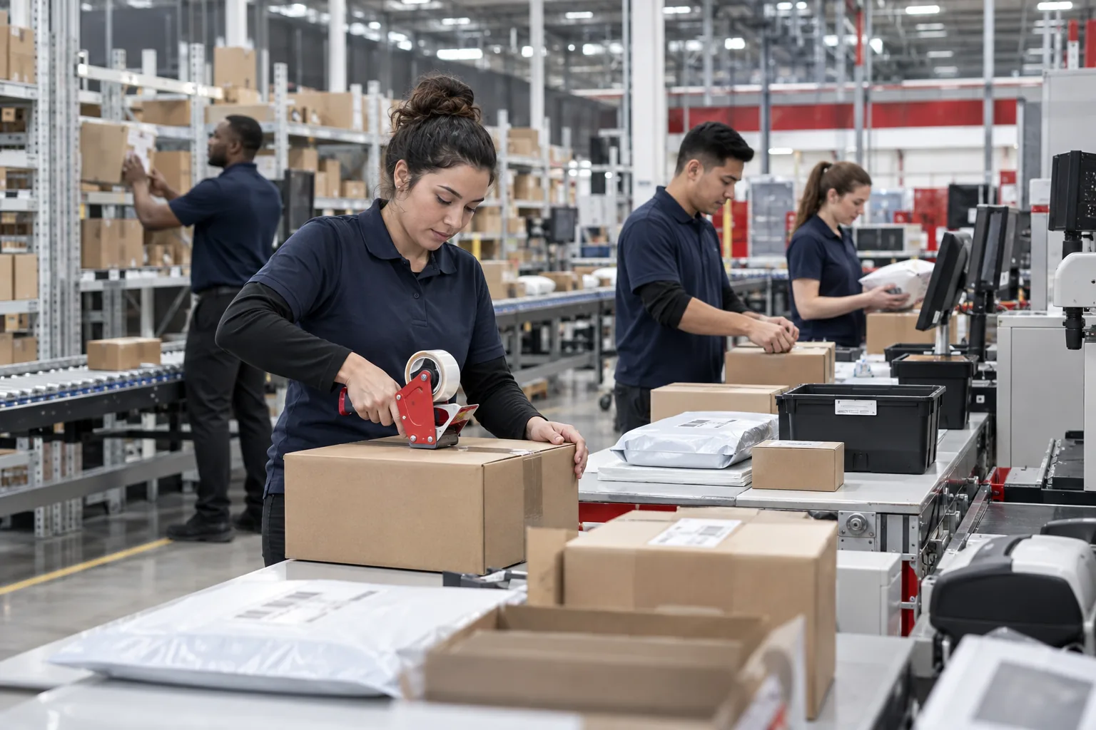 Fulfillment workers picking and packing orders for multiple sales channels.