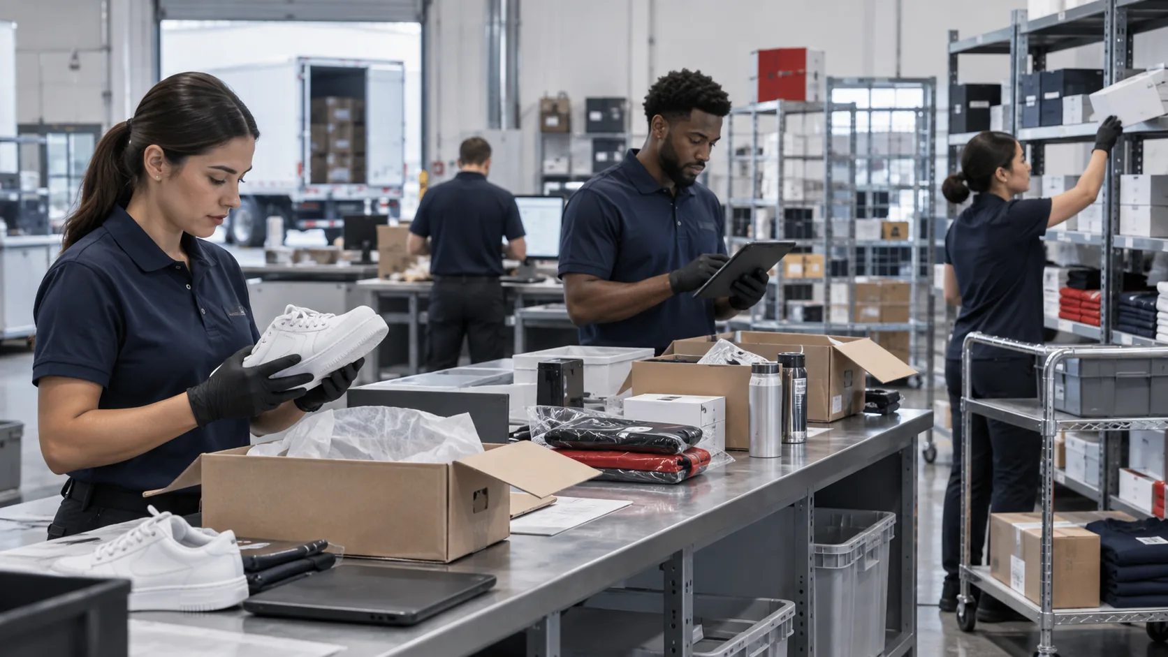 Warehouse returns team inspecting products before restocking.