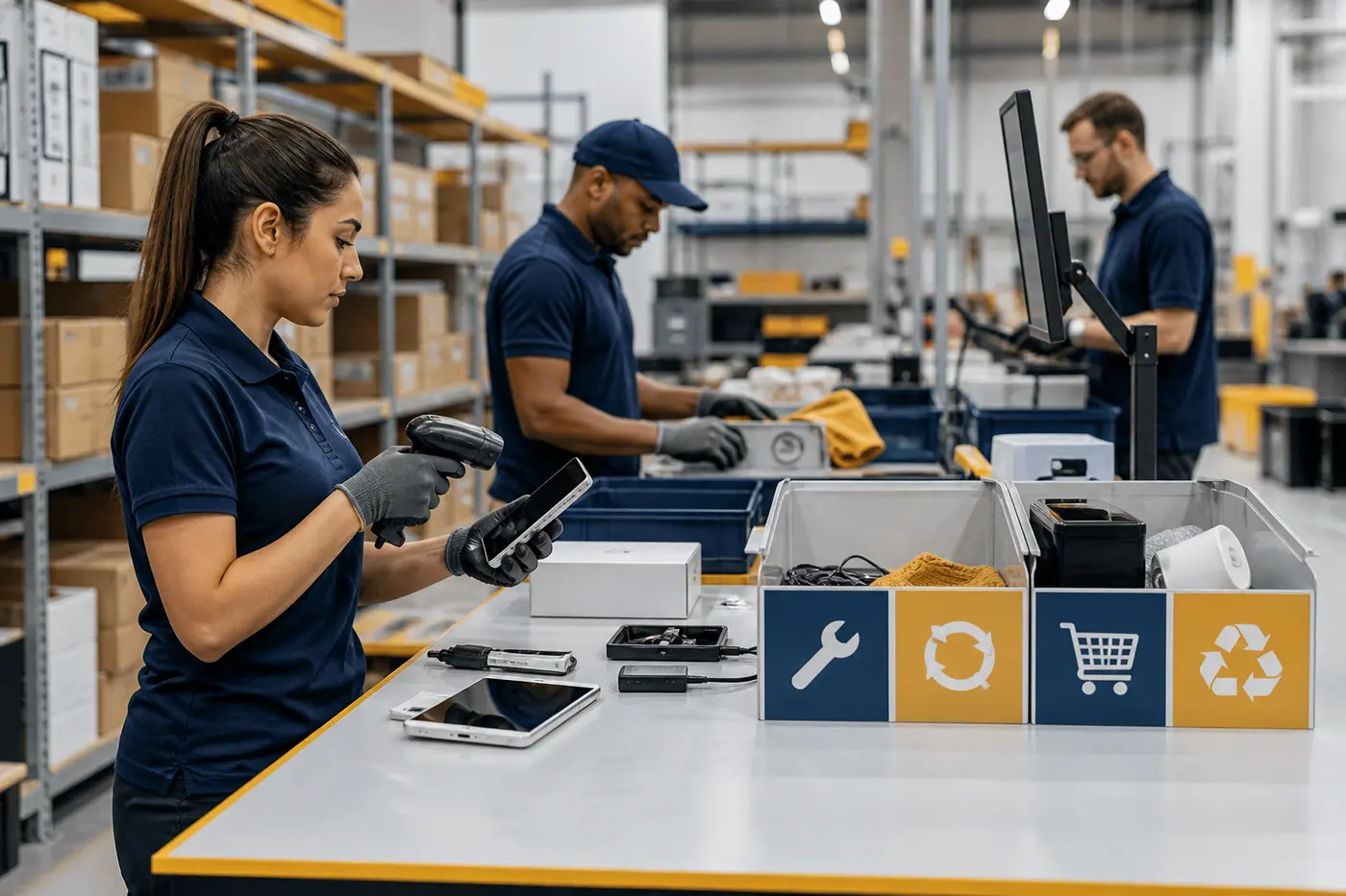 Warehouse team inspecting and sorting returned products