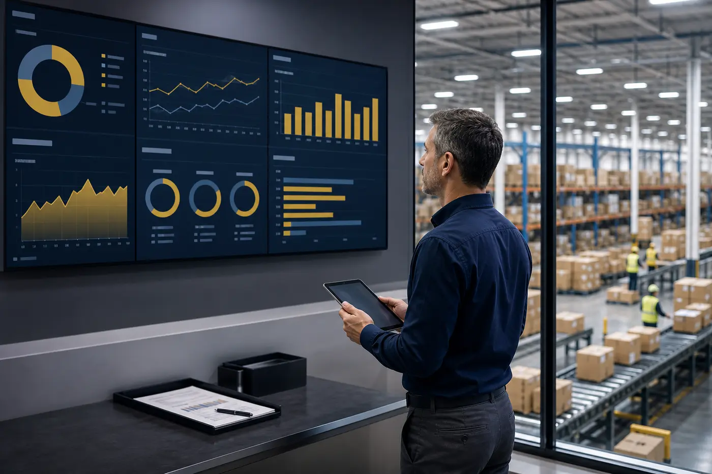 Logistics manager reviewing reverse logistics performance metrics
