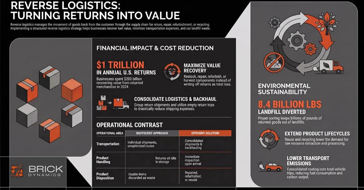 Reverse logistics infographic showing cost recovery, consolidated transportation, product reuse, and landfill diversion