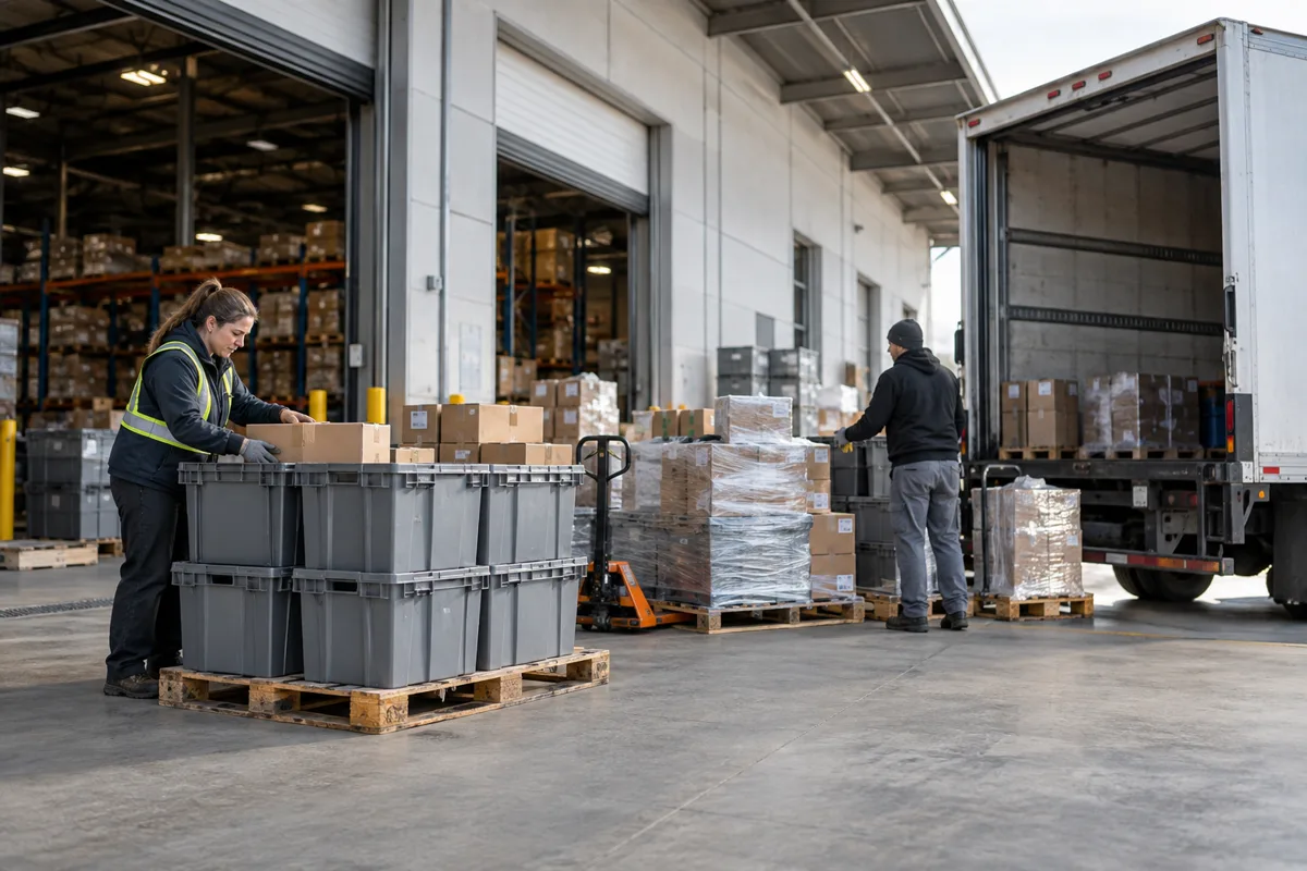 Workers consolidate returned products for efficient transport and backhauling at a warehouse dock