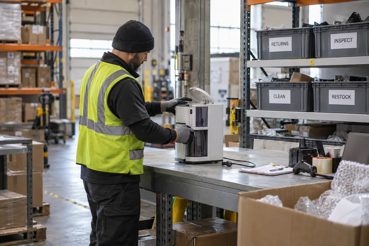 Warehouse worker inspects a returned product before repair, restocking, recycling, or disposal
