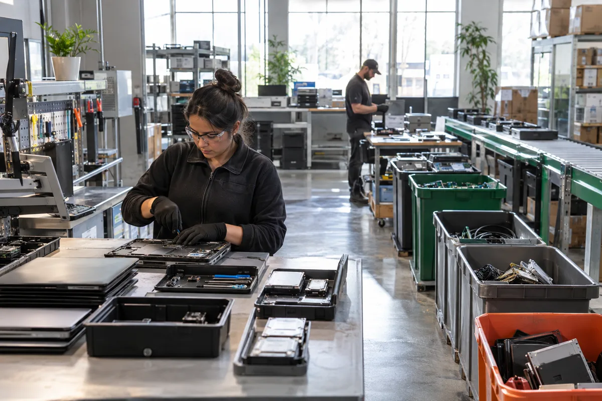 Technician repairs returned electronics while reusable components are sorted for refurbishment and recycling