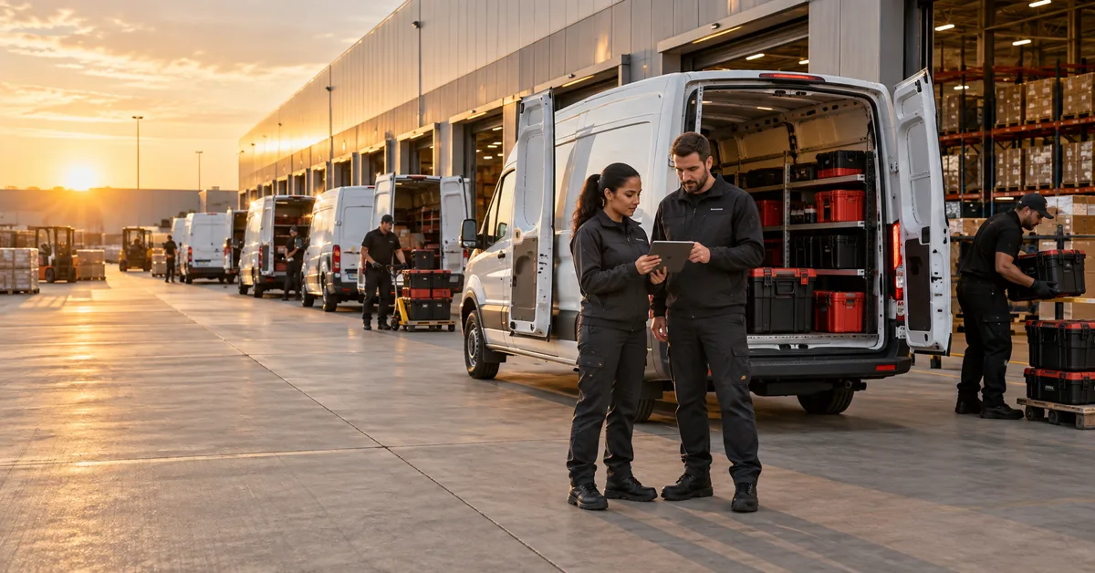 Logistics team coordinating scalable outsourced fleet operations at a distribution hub