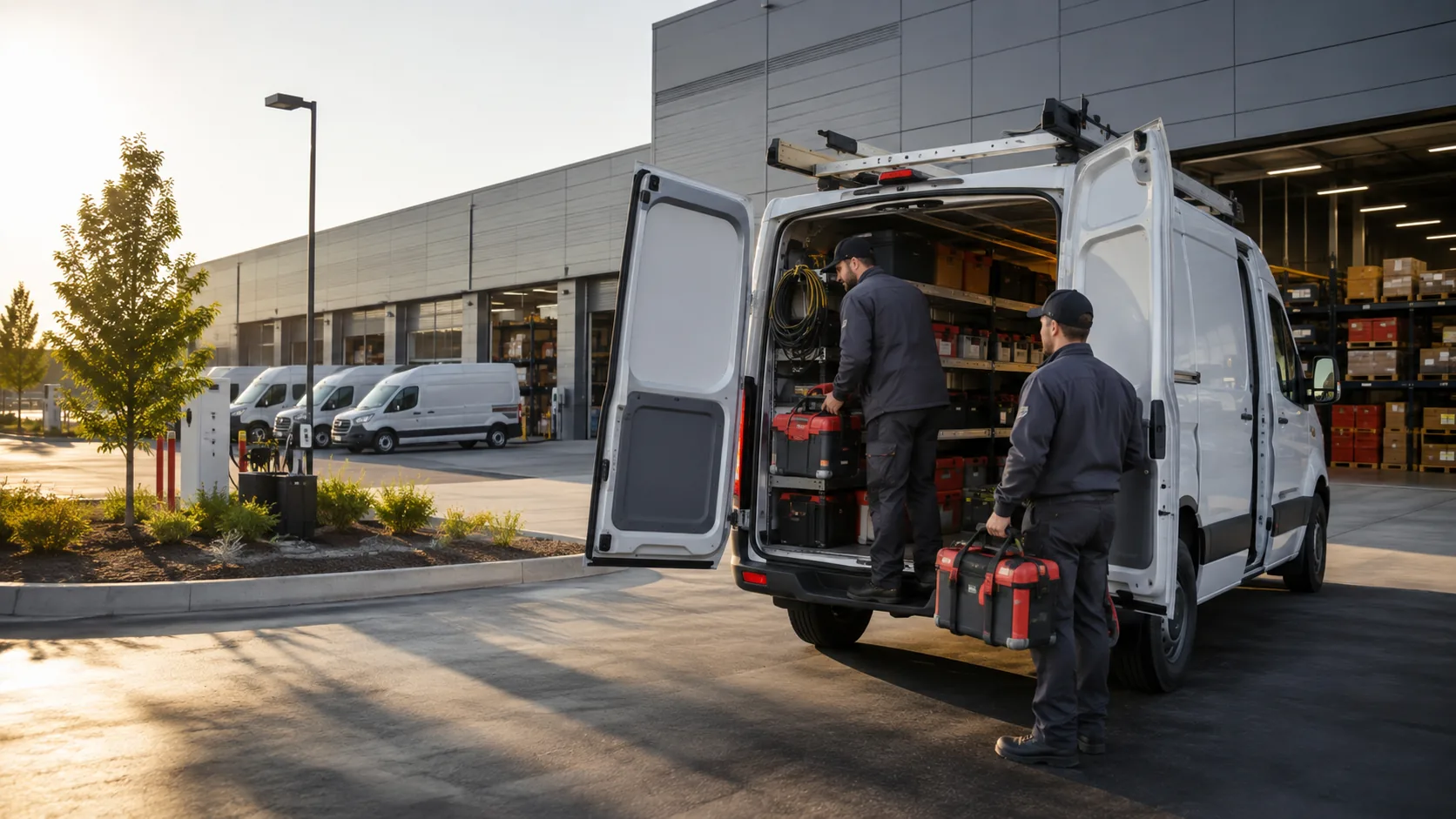 Technicians preparing an electric service van for sustainable field operations